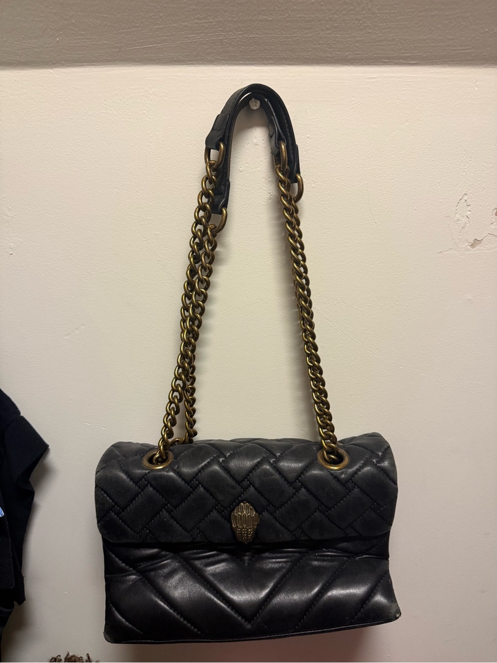 Kurt Geiger Black Quilted Leather Shoulder Bag with Gold Chain
